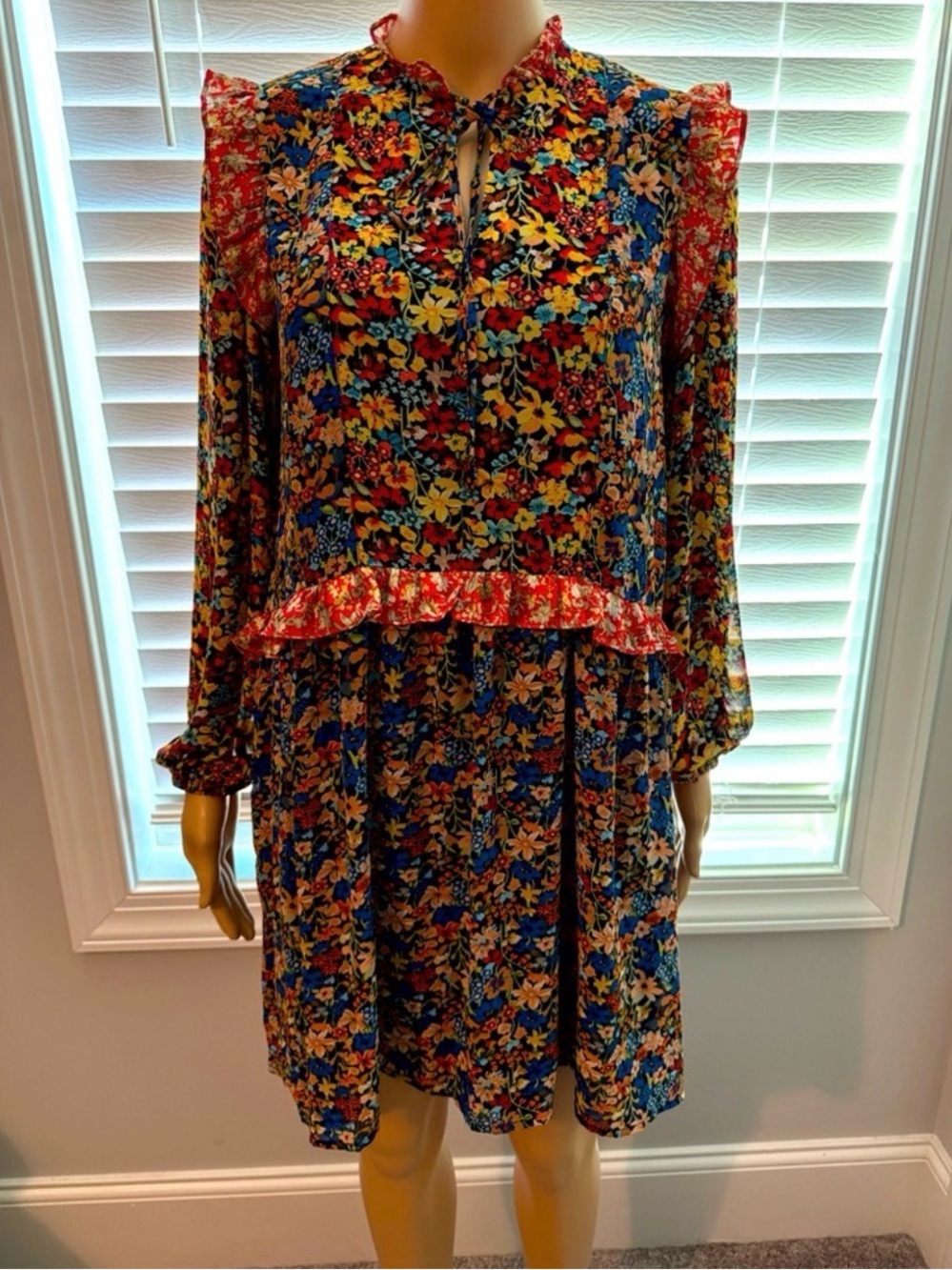 Code X Mode Floral Long-Sleeve Tiered Mini Dress - Black Sheer Multi